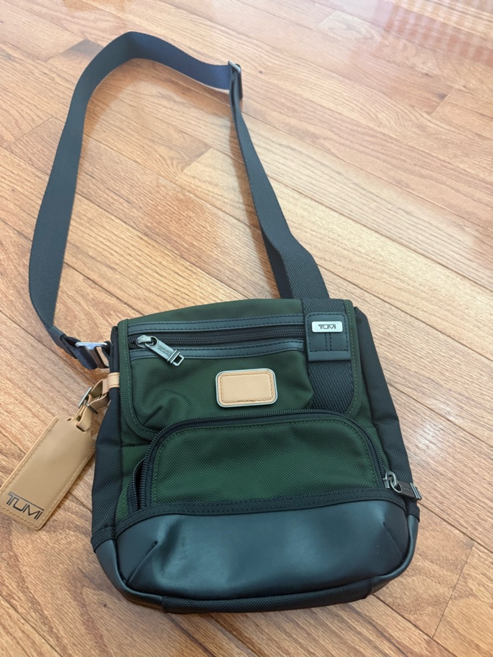 Tumi Olive Green and Black Crossbody Messenger Bag with Tan Accents